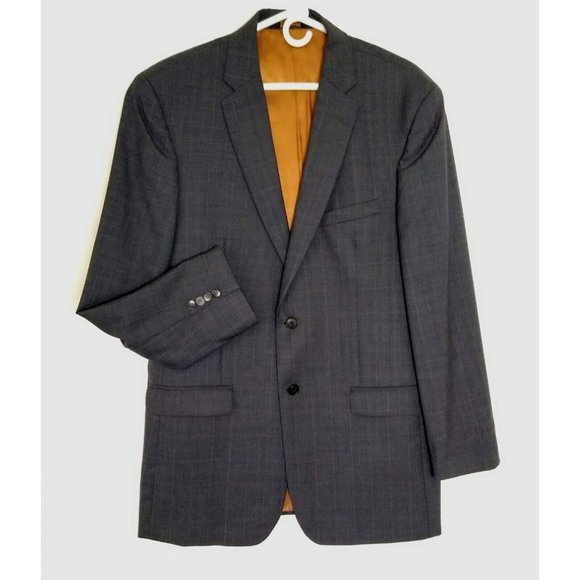 Jos A Bank Suit Jacket 42L Slim Fit Gray windowpane Wool 2 Button MSRP $650 EUC - Picture 2 of 9